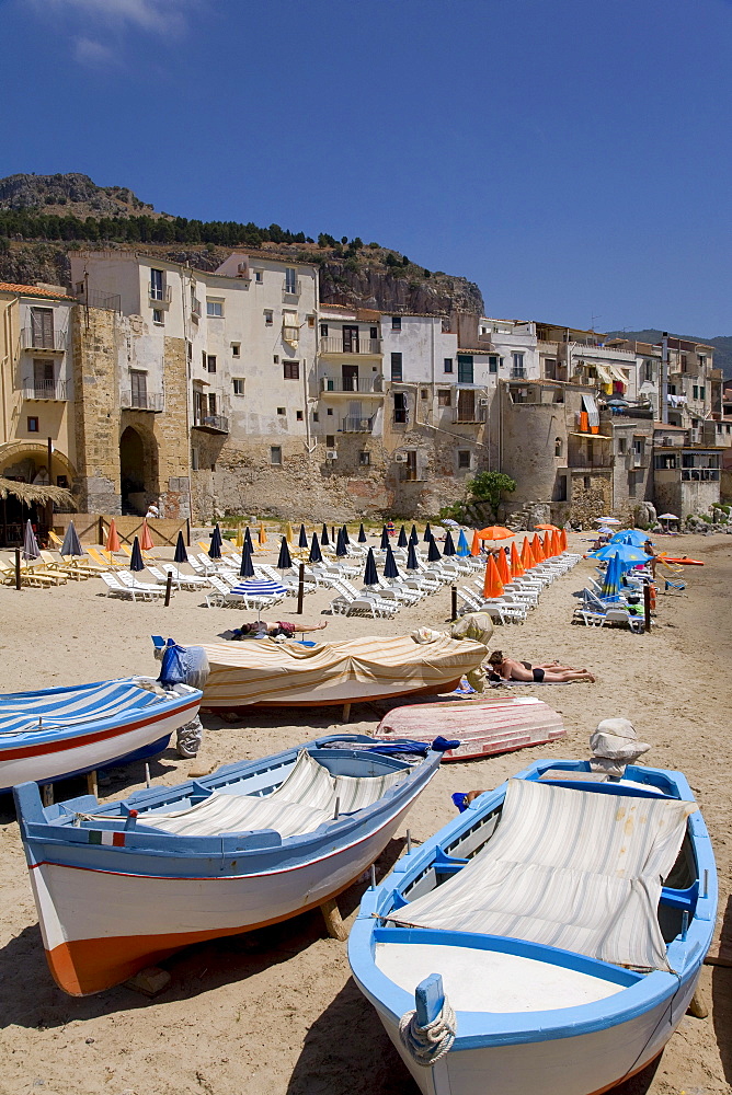 Fishing port, beach, Cefalu, Palermo province, Sicily, Italy, Europe