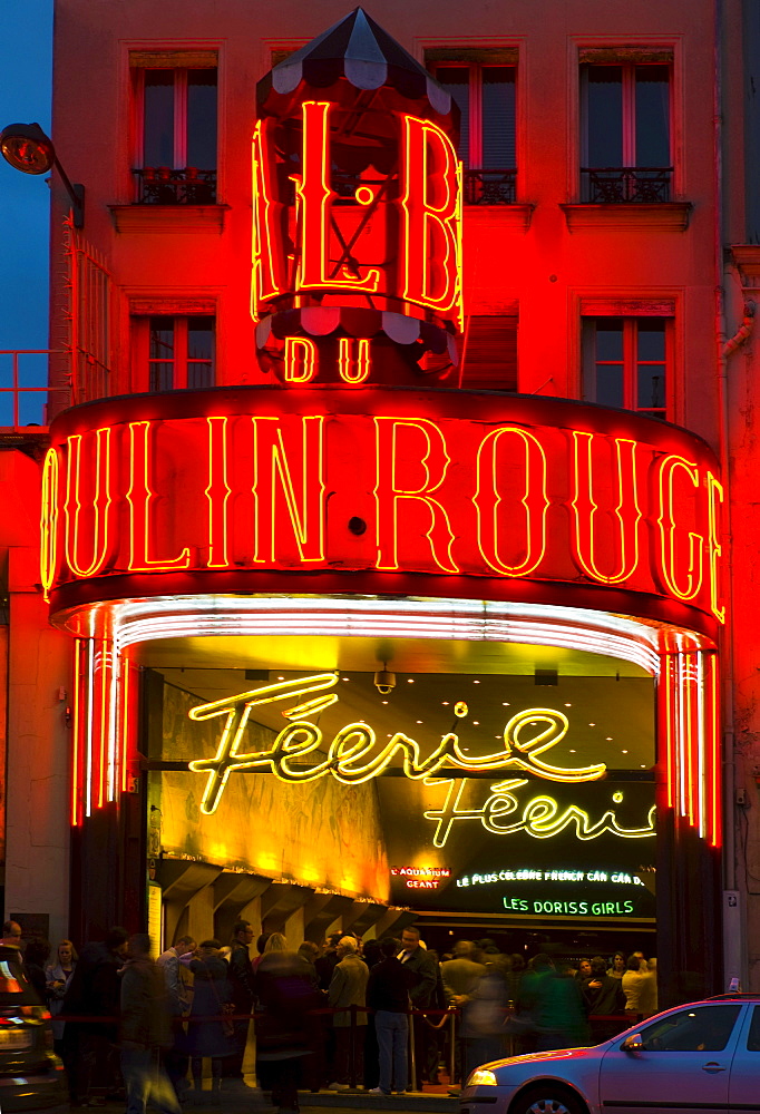 Moulin Rouge, illuminated at night, Paris, France, Europe