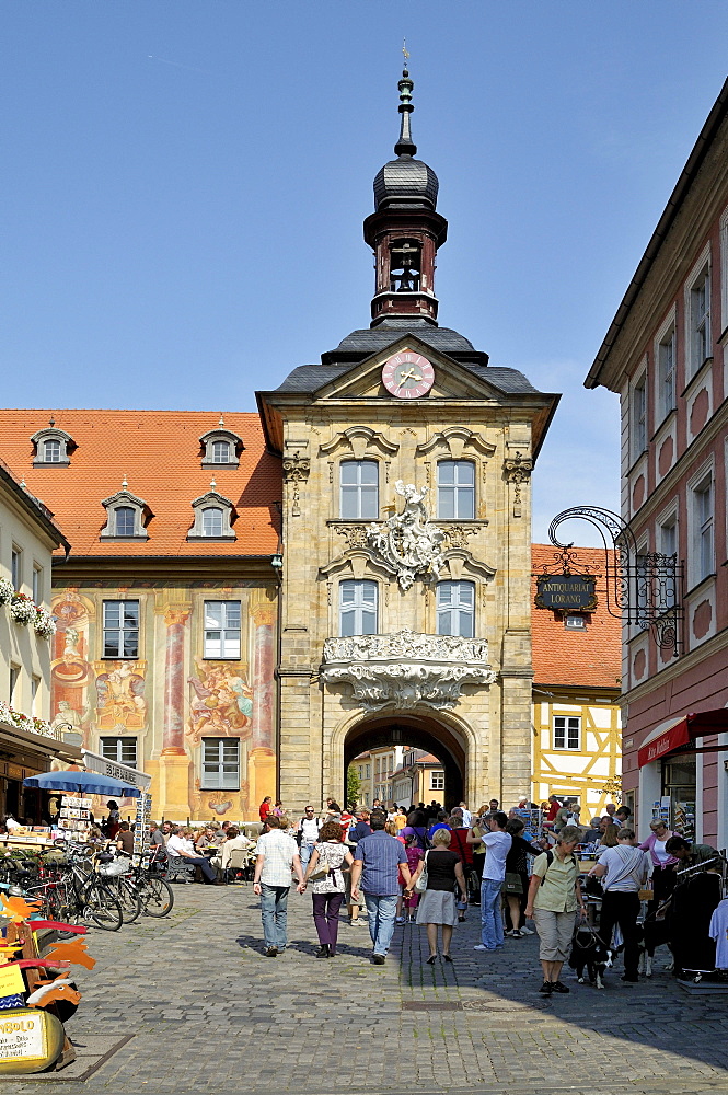 Old town hall standing on piles in the middle of the Regnitz river below, Bamberg, Franconia, Bavaria, Germany, Europe