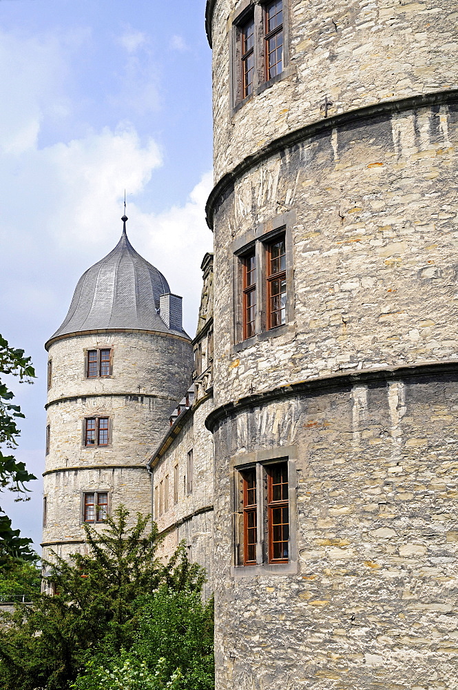 Towers, Wewelsburg, triangular castle, former Nazi cult and terror center of the ss, today historical museum, hostel, Bueren, Paderborn, North Rhine-Westphalia, Germany, Europe