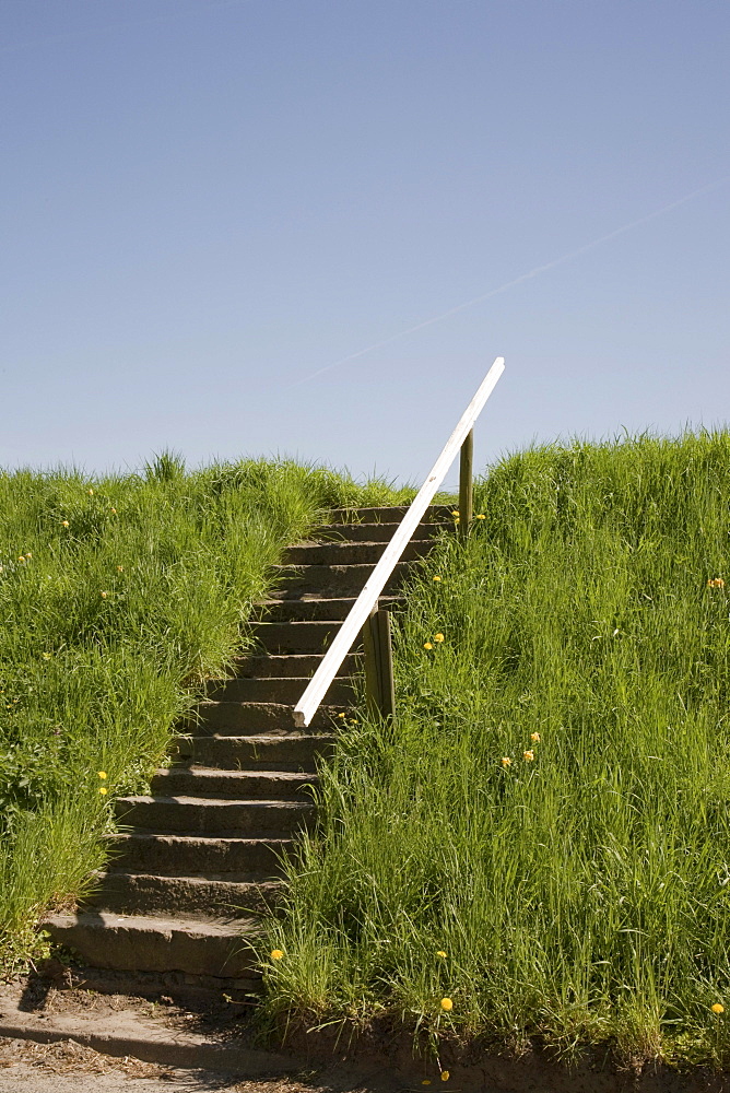 Stairs with railings on the Luehe dike, Altes Land region, Lower Elbe, Lower Saxony, North Germany, Germany, Europe