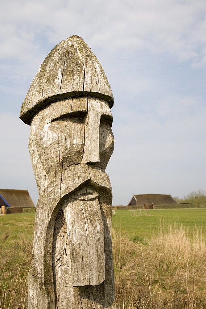 Wooden Viking head, at the Viking Museum in Bork on Ringkoebing Fjord, West Jutland, Denmark, Europe