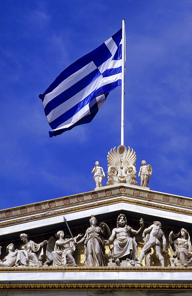 Greek ensign on the Academy of Art gabel, Athens, Greece, Europe