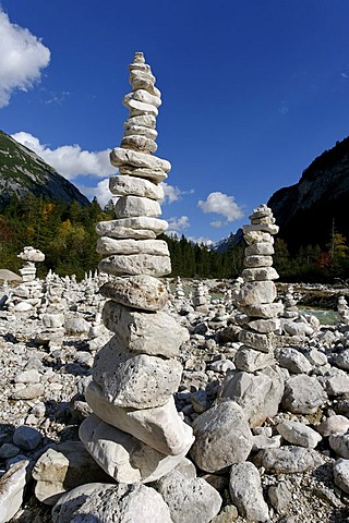 Stone hills, stone pyramids, stone men, Hinterautal, Isar spring valley, Karwendel, near Scharnitz, Tyrol, Austria, Europe