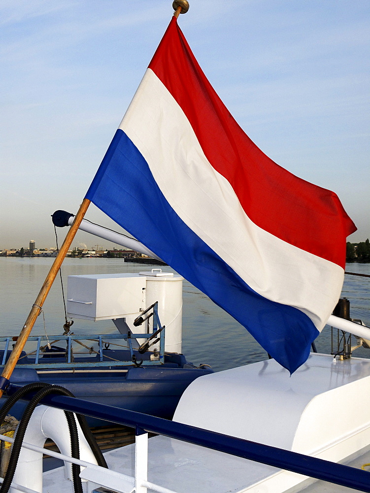 Dutch flag on an hotel ship, Holland, Netherlands, Europe