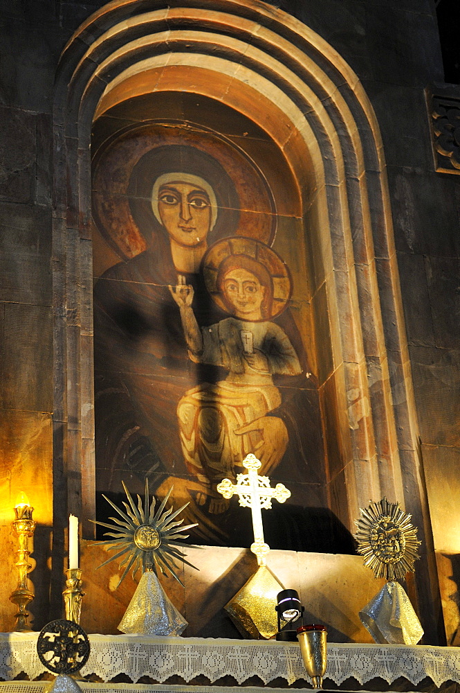 Altar in the Armenian Orthodox church of St. Hripsime with Virgin Mary and Jesus, UNESCO World Heritage Site, Echmiadzin, Armenia, Asia