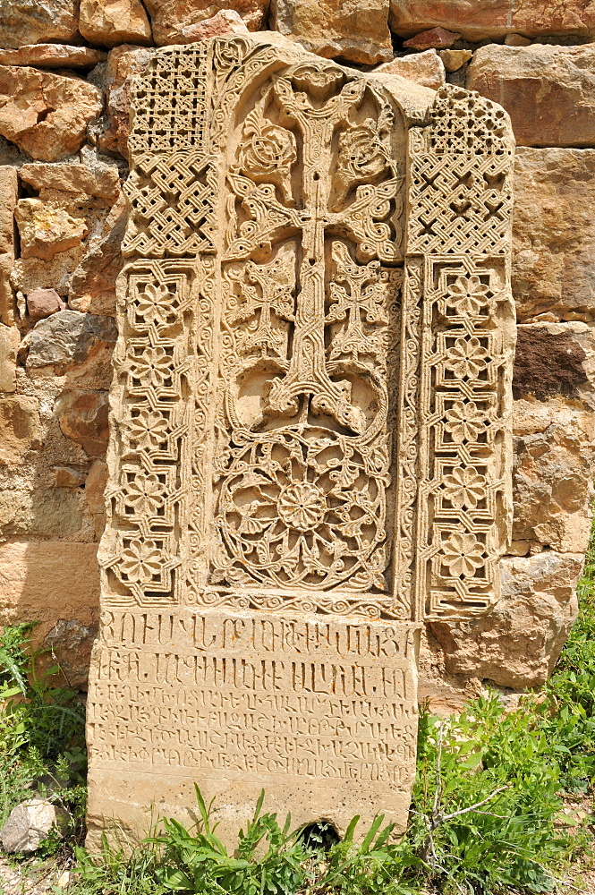 Historic Armenian cross-stone, khachkar, at Noravank monastery, Armenia, Asia