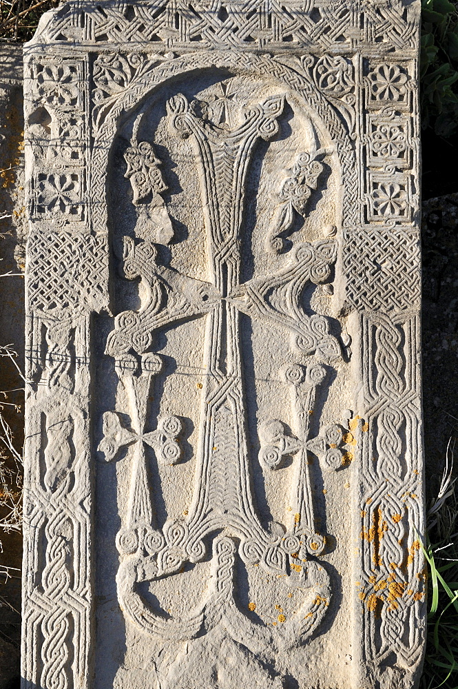 Historic Armenian cross-stone, khachkar, at Vorotnavank monastery, Vorotan Valley, Armenia, Asia