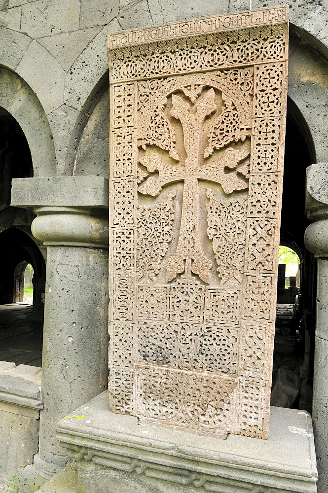 Traditional cross-stone, khachkar, Armenian Orthodox church at Sanahin monastery, UNESCO World Heritage Site, Armenia, Asia