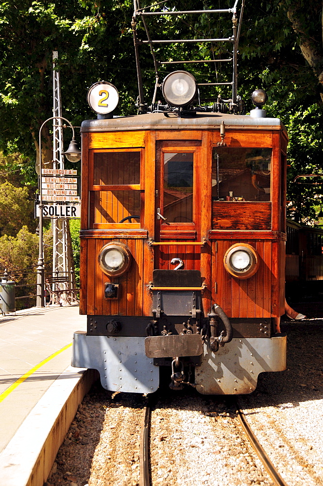 The "Red Flash" railway from 1912, in the station of Soller, Majorca, Balearic Islands, Spain, Europe