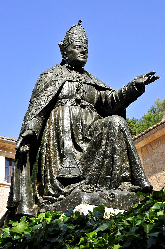 Statue of Bishop Pere-Joan Campins, Lluc monastery, Lluc, Tramuntana Mountains, Majorca, Balearic Islands, Spain, Europe