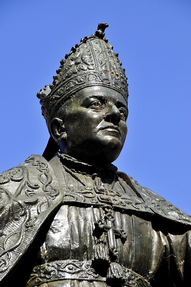 Statue of Bishop Pere-Joan Campins, Lluc monastery, Lluc, Tramuntana Mountains, Majorca, Balearic Islands, Spain, Europe