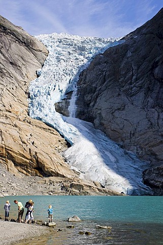 Ice breaking off the Briksdalsbreen glacier and crashing down to the valley, Norway, Scandinavia, Europe