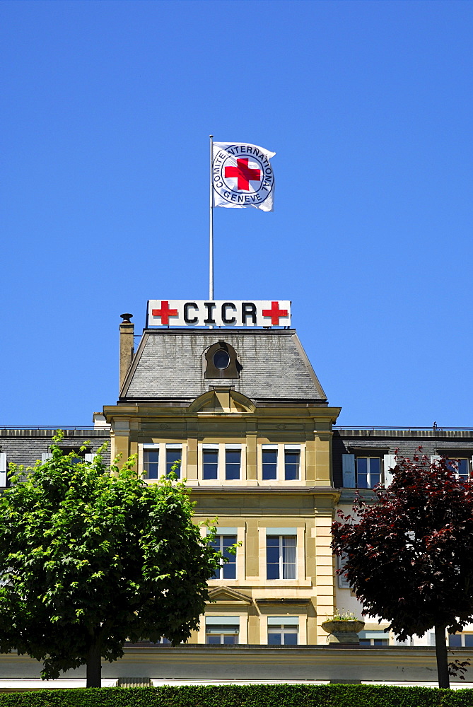 Headquarters of the International Committee of the Red Cross, ICRC, with the Red Cross flag, Geneva, Switzerland, Europe