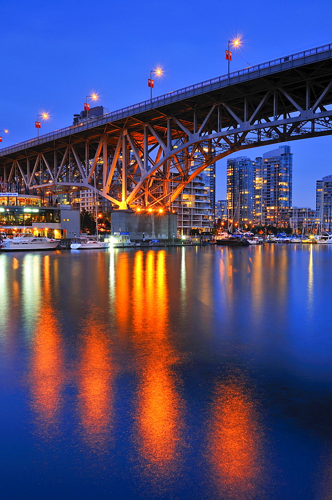 Skyline of Vancouver Down town in the evening light, on False Creek, Granville Street Bridge, British Columbia, Canada, North America