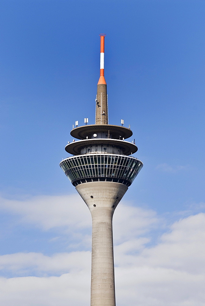 Rheinturm tower, restaurant, viewing platform and antennas on the tower, Duesseldorf, North Rhine-Westphalia, Germany, Europe