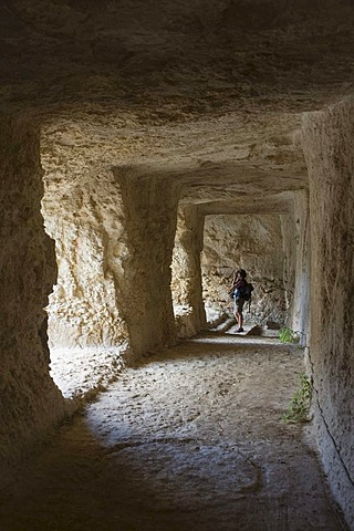 Rock corridor of Eurialo castle near Syracus, Sicily, Italy