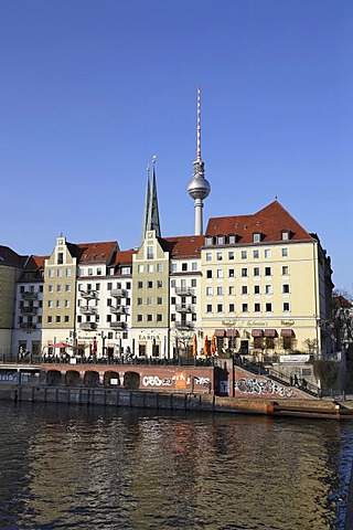 Bank of the Spree River with television tower, Berlin, Germany, Europe