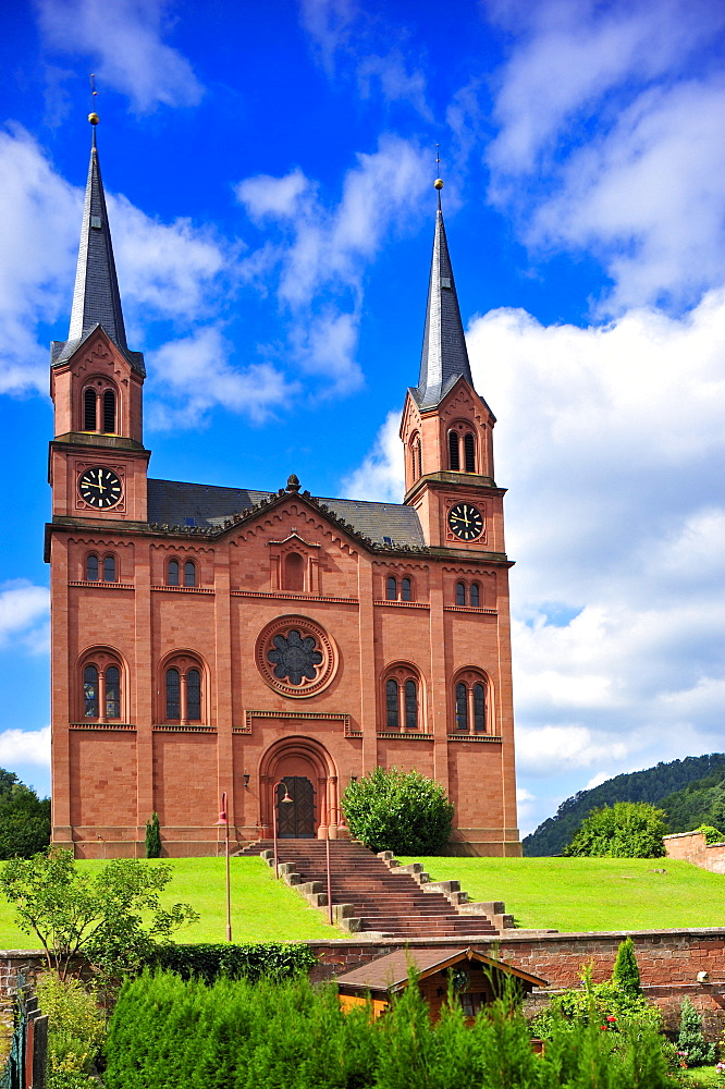 Protestant sandstone church with a double tower facade, Wilgartswiesen, Naturpark Pfaelzerwald nature reserve, Palatinate, Rhineland-Palatinate, Germany, Europe