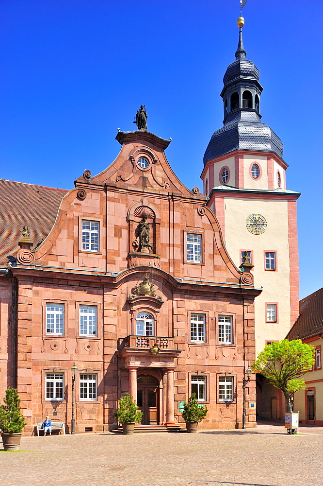 Market square with town hall and town hall tower, Ettlingen, Germany, Black Forest, Baden-Wuerttemberg, Germany, Europe