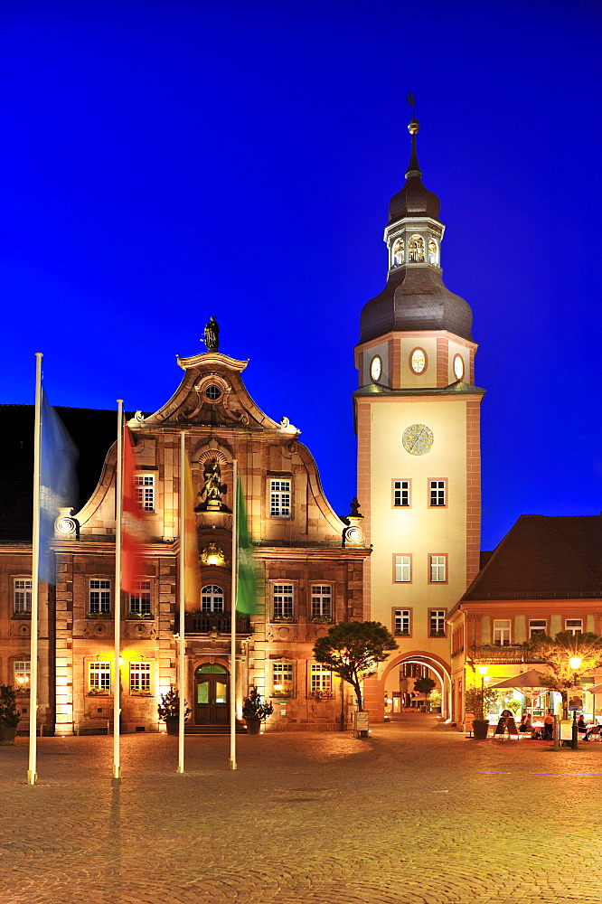 Market square with town hall and town hall tower, Ettlingen, Germany, Black Forest, Baden-Wuerttemberg, Germany, Europe