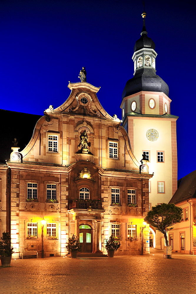 Market square with town hall and town hall tower, Ettlingen, Germany, Black Forest, Baden-Wuerttemberg, Germany, Europe