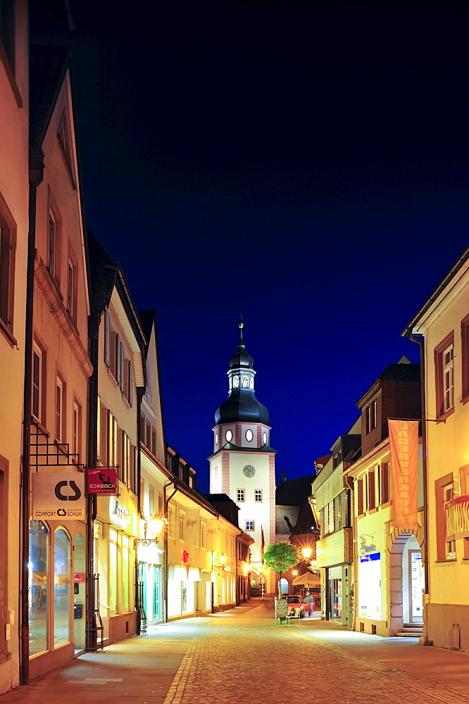 Kronenstrasse street with city hall tower, Ettlingen, Germany, Black Forest, Baden-Wuerttemberg, Germany, Europe