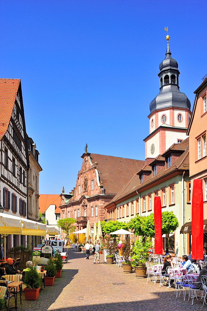 Kirchenplatz church square with town hall and town hall tower, Ettlingen, Germany, Black Forest, Baden-Wuerttemberg, Germany, Europe