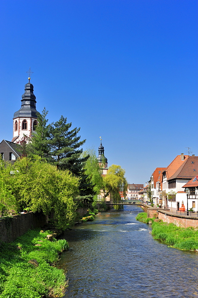 Historic centre with river Alb, town hall tower and the tower of the Sankt Martinskirche St. Martin's Church, Ettlingen, Black Forest, Baden-Wuerttemberg, Germany, Europe