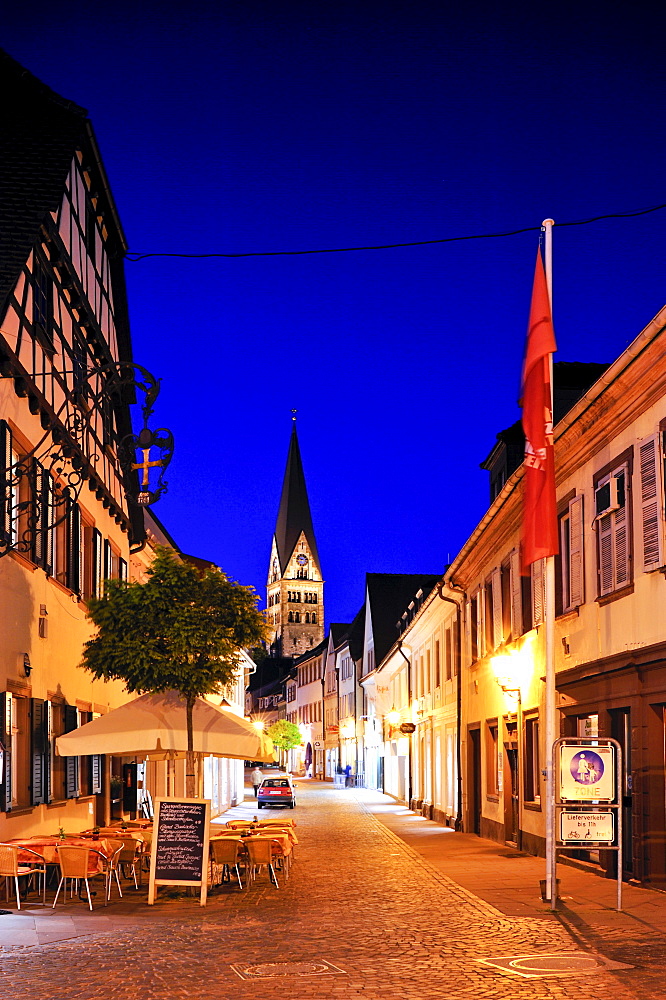 Kronenstrasse street with Herz-Jesu-Kirche Sacred Heart Church, Ettlingen, Germany, Black Forest, Baden-Wuerttemberg, Germany, Europe