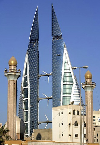 World Trade Center buildings, mosque, capital city, Manama, Kingdom of Bahrain, Persian Gulf