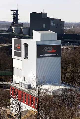 Indoor Skydiving Bottrop GmbH, parachute freefall simulation facility, a vertical wind tunnel, the largest and most modern in Europe, Bottrop, North Rhine-Westphalia, Germany