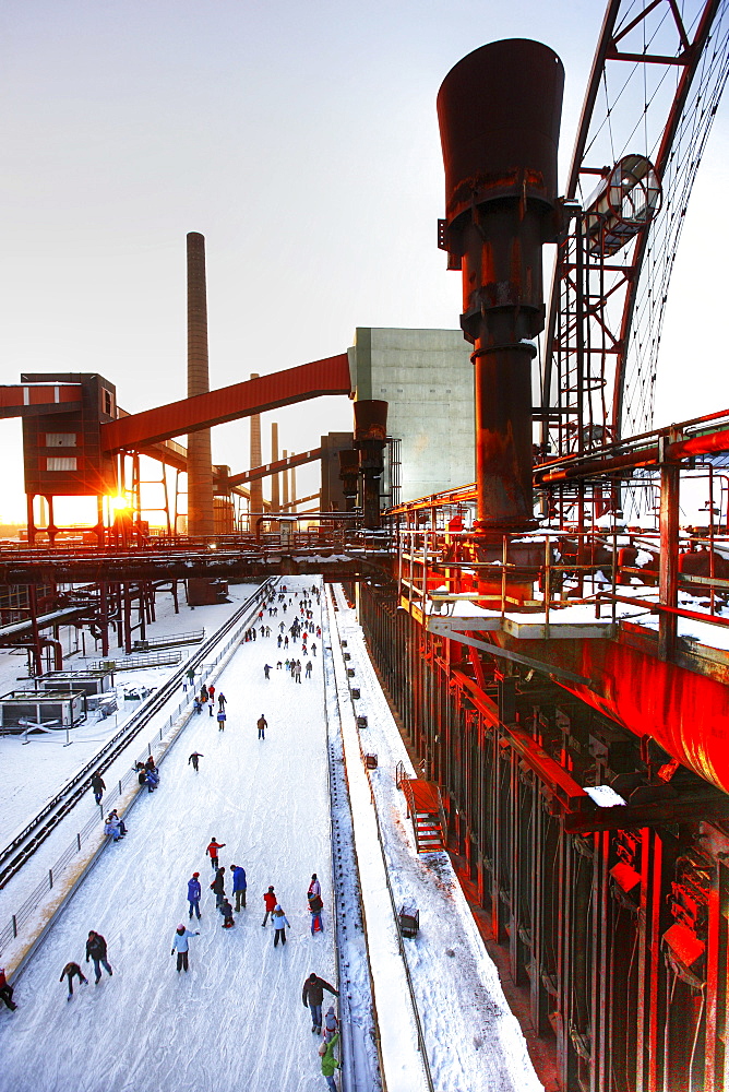 Skating rink at coking plant Zollverein, UNESCO World Cultural Heritage Site Zeche Zollverein, Essen, North Rhine-Westphalia, Germany, Europe