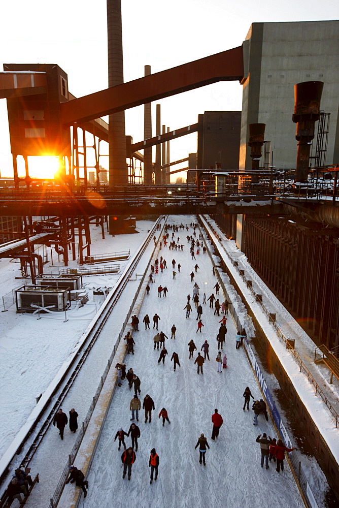 Ice skating rink at the Zollverein coking plant, UNESCO World Cultural Heritage Site Zeche Zollverein, Essen, Germany, Europe