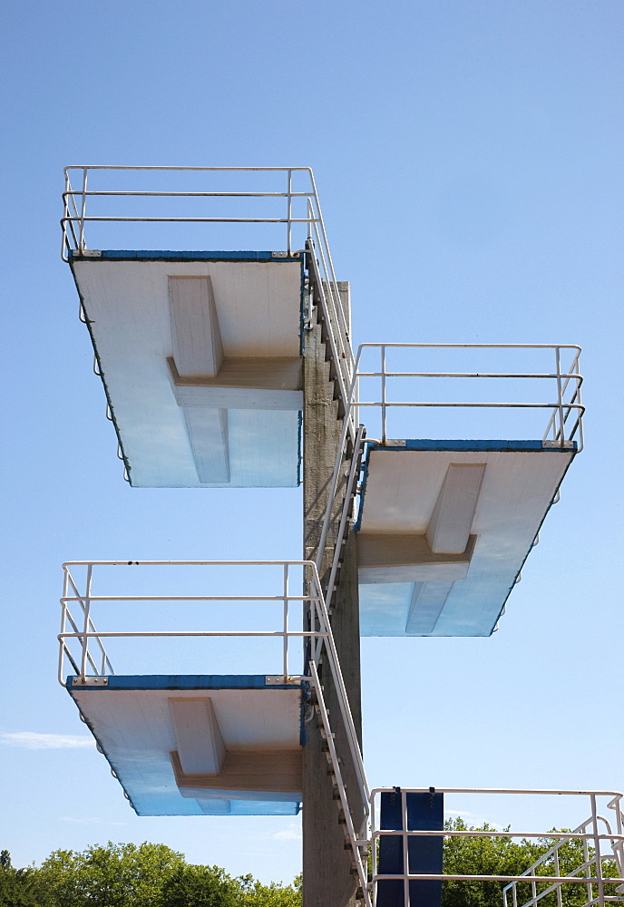 Diving tower with a 10-meter diving board in an outdoor pool, Gladbeck, North Rhine-Westphalia, Germany, Europe