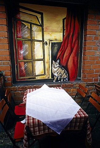 Katzencafe, cat cafe, table at wall with painted on window and cat, historical Schnoorviertel district, Schnoor, Bremen, Germany, Europe