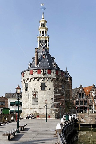 Historic fortified tower Hoofdtoren, harbour of Hoorn, IJsselmeer, North Holland, Holland, Netherlands, Europe