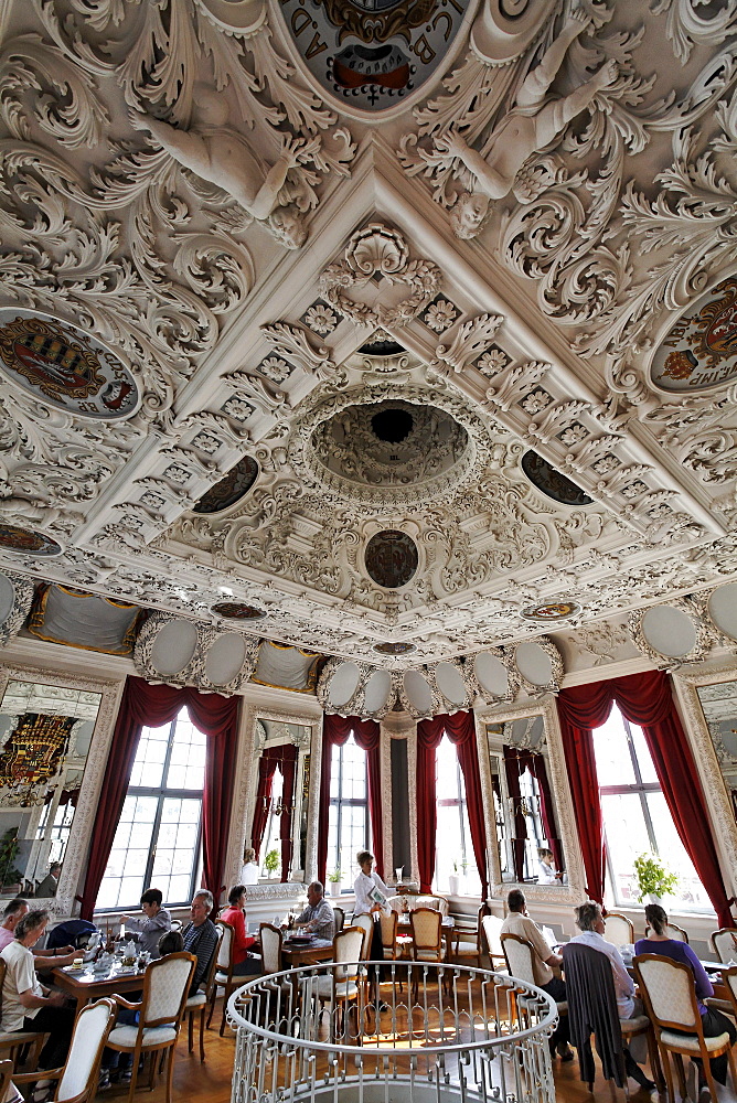 Hessensaal hall with tower cafe, baroque stucco ceiling, Schloss Elisabethenburg castle, Rhoen, Thuringia, Germany, Europe