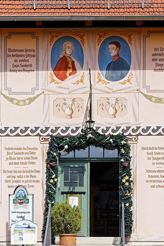 Historic inn "Zum braunen Ross", painted facade, Bauerbach near Meiningen, Rhoen, Thuringia, Germany, Europe