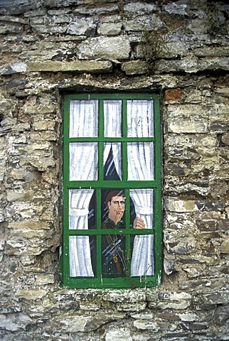 Stone building with faux painted window, Ennistimon, County Clare, Ireland