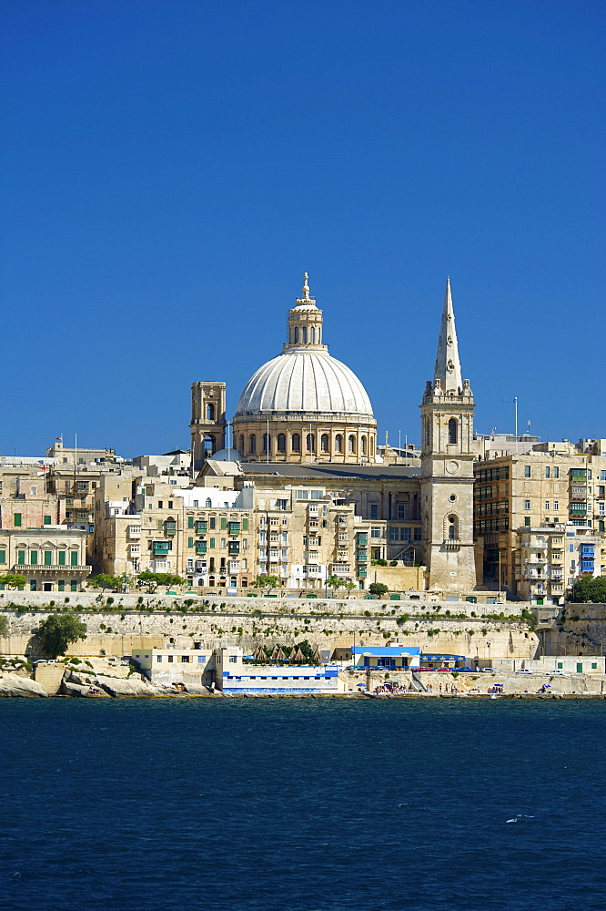 View from Sliema on the Cathedral of Valletta, Malta, Europe