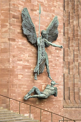 St Michael's Victory over the Devil, sculpture by Sir Jacob Epstein at St Michael's or Coventry Cathedral, Leicester, England, United Kingdom