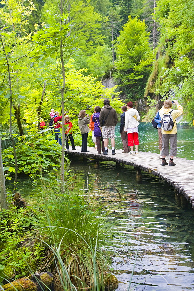 Tourists on the path at Plitvicka Jezera, Plitvice Lakes National Park, Lika-Senj, Croatia, Europe