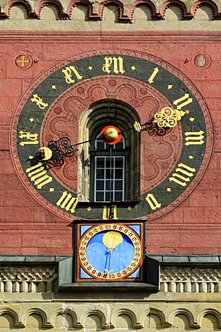 Clockface and lunar calendar on the bell tower of the Church of St. Michael, Schwaebisch Hall, Schwaebisch Hall district, Baden-Wuerttemberg, Germany, Europe