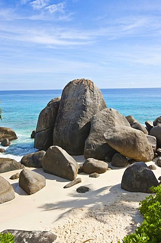 Beach near Vista do Mar with the typical granite rocks of the Seychelles, Glacis, Mahe Island, Seychelles, Indian Ocean, Africa