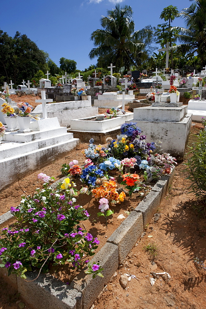 Colorful cemetery in the south-west of Mahe Island, Seychelles, Indian Ocean, Africa