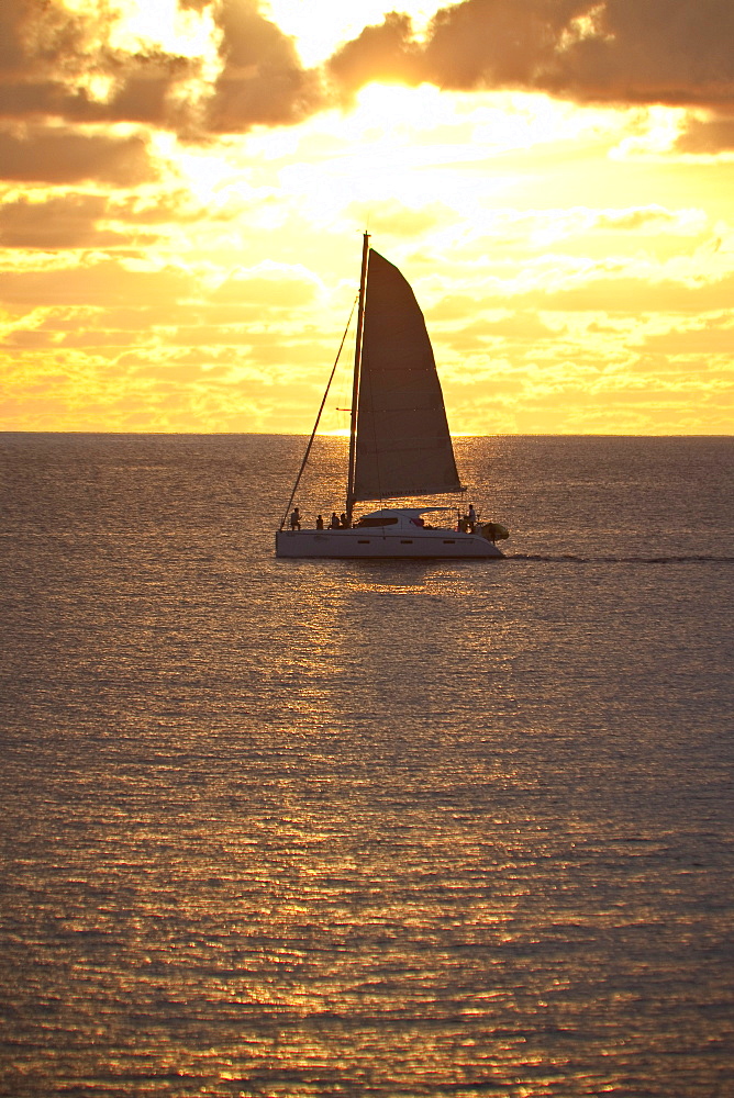 Catamaran in the evening sun, Mahe Island, Seychelles, Indian Ocean, Africa