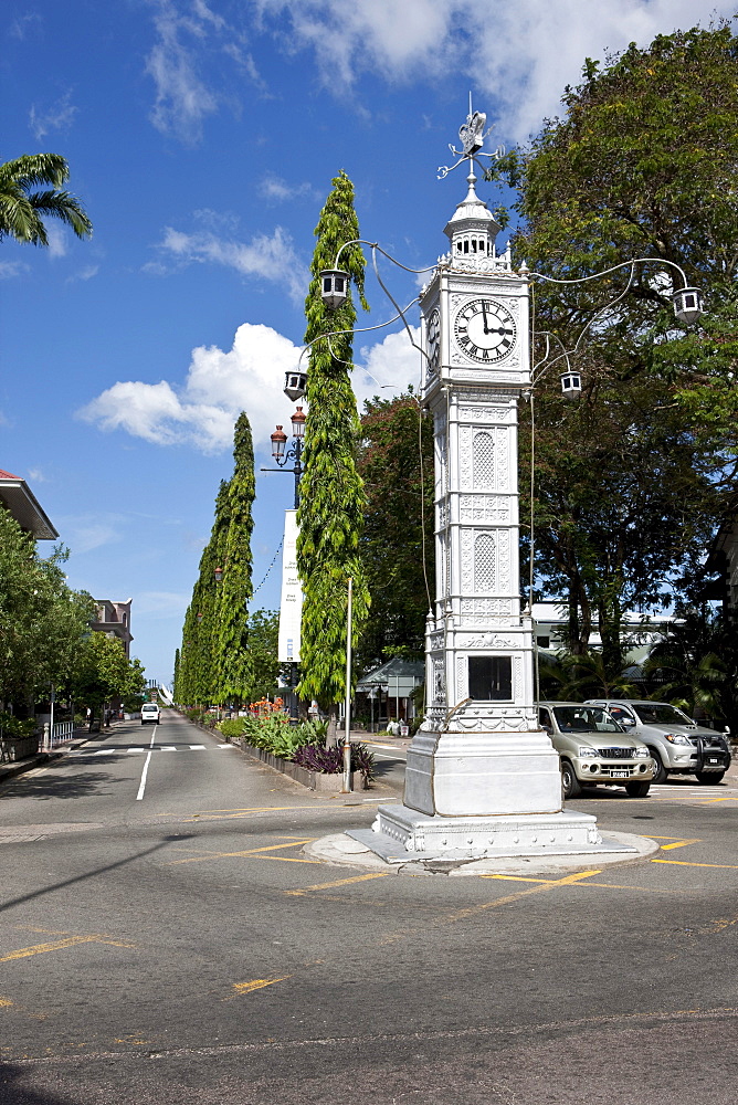 Clock Tower on the corner of Albert Street and Independence Avenue, the capital city of Victoria, Mahe Island, Seychelles, Indian Ocean, Africa