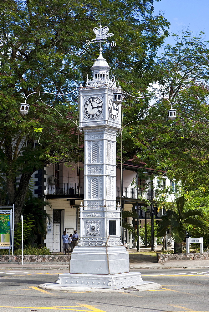 Clock Tower on the corner of Albert Street and Independence Avenue, the capital city of Victoria, Mahe Island, Seychelles, Indian Ocean, Africa