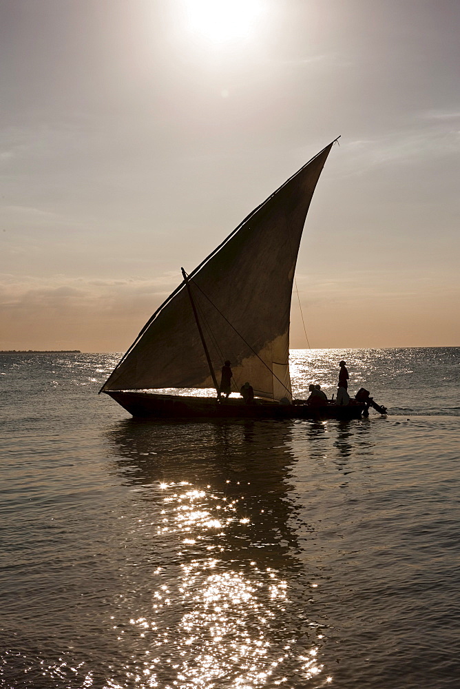 Arab dhow on the coast in front of Stonetown, Zanzibar, Tanzania, Africa